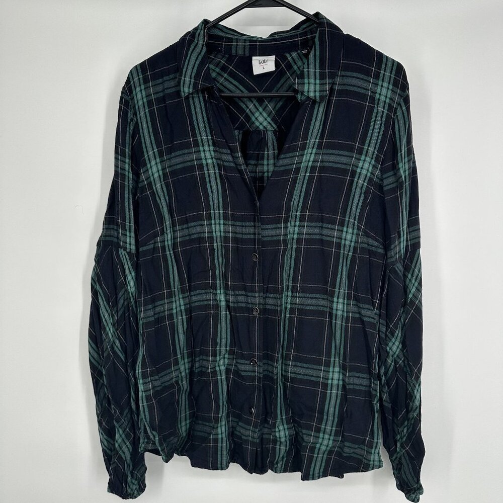 Cabi Women's Button up Flannel Blouse‎ Long sleeve Green plaid size Large